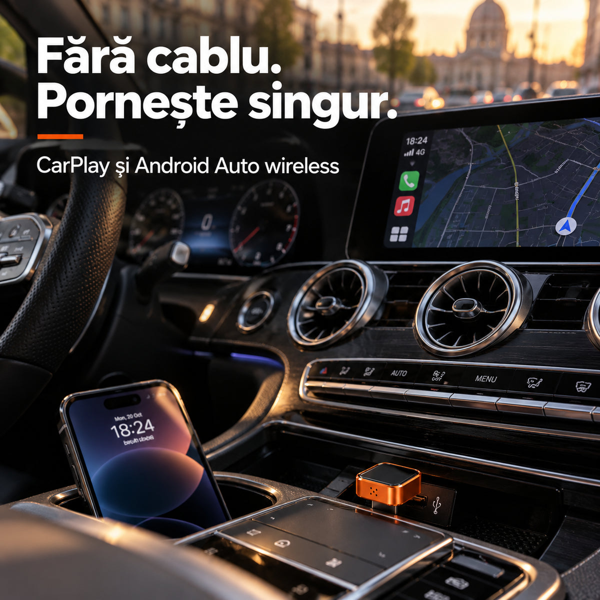 Adaptor wireless CarPlay și Android Auto 4 în 1 GLATO LINK, Wi-Fi 6, Bluetooth 5.4, aluminiu