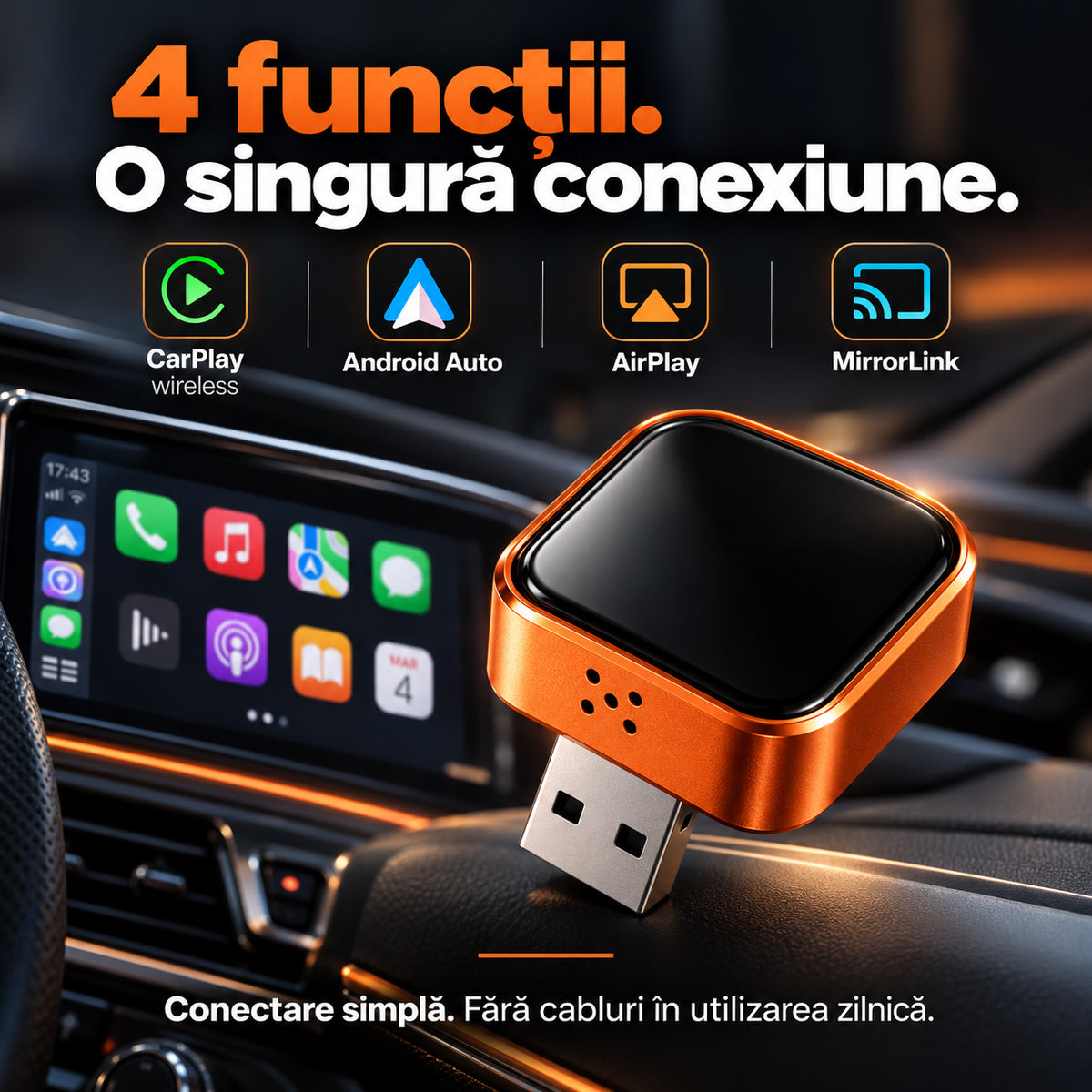 Adaptor wireless CarPlay și Android Auto 4 în 1 GLATO LINK, Wi-Fi 6, Bluetooth 5.4, aluminiu