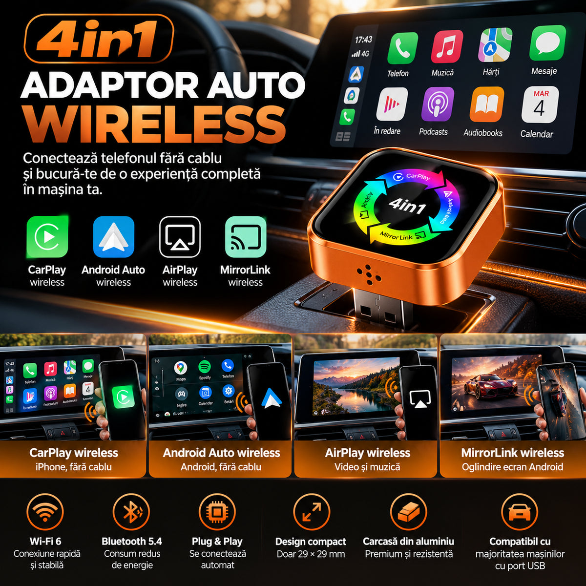 Adaptor wireless CarPlay și Android Auto 4 în 1 GLATO LINK, Wi-Fi 6, Bluetooth 5.4, aluminiu