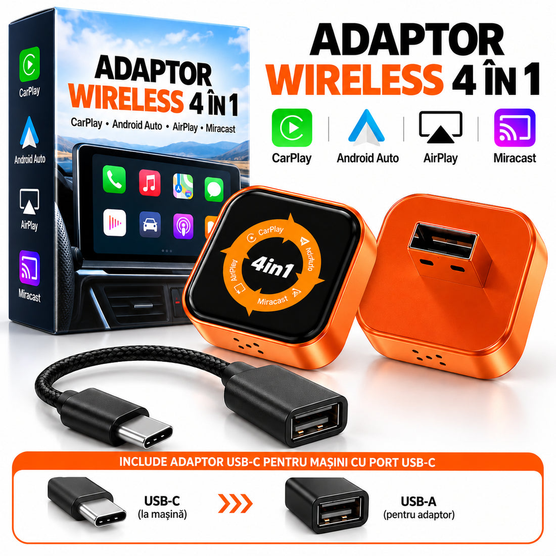 Adaptor wireless CarPlay și Android Auto 4 în 1 GLATO LINK, Wi-Fi 6, Bluetooth 5.4, aluminiu